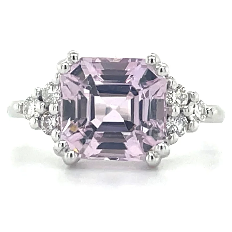 9ct White Gold Cushion Cut Earth Grown Kunzite & Diamond Ring