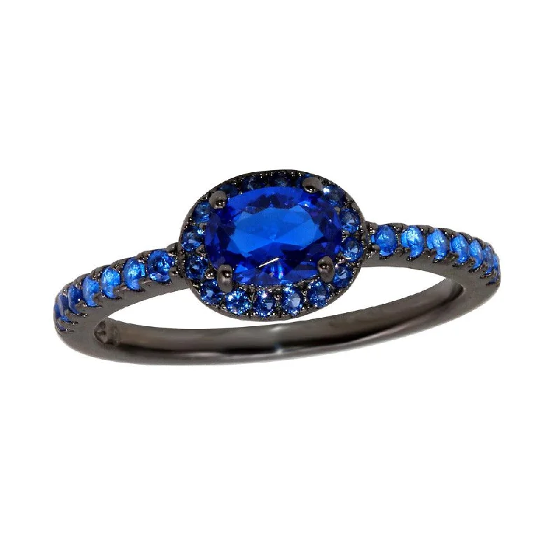 Black Rhodium Plated 925 Sterling Silver Blue Oval CZ Stone Ring - BGR01235