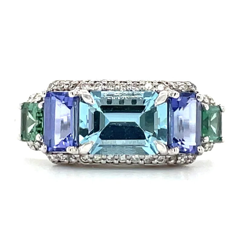 18ct White Gold Earth Grown Aquamarine, Tanzanite, Green Tourmaline & Diamond Ring