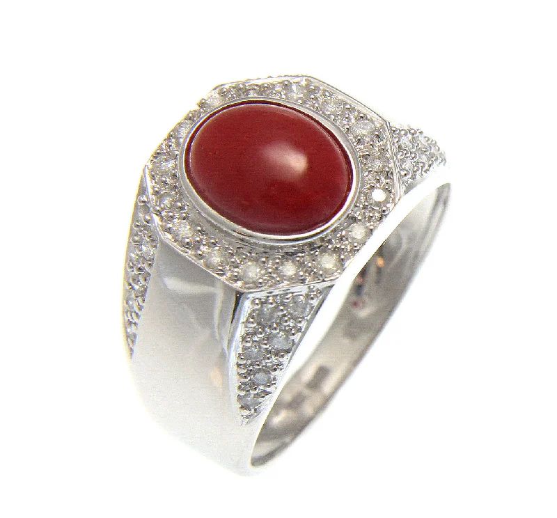 GENUINE NATURAL NOT ENHANCED OVAL RED CORAL DIAMOND RING SOLID 14K WHITE GOLD