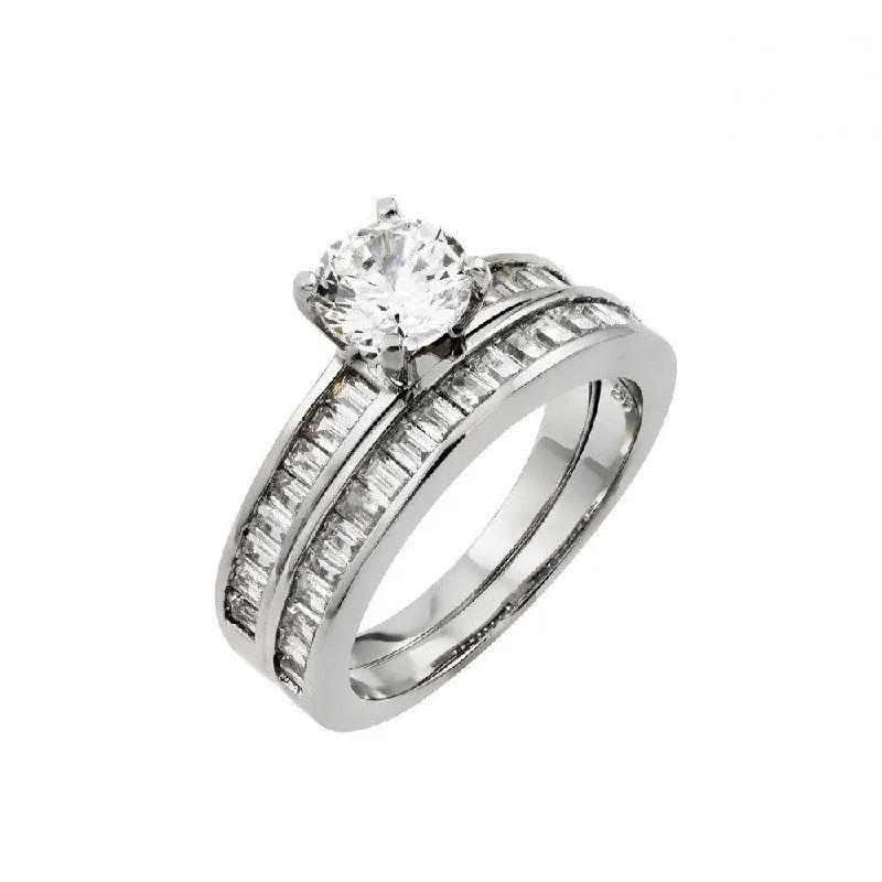 Silver 925 Rhodium Plated Clear Baguette Round CZ Engagement Ring Pair Set - STR00984