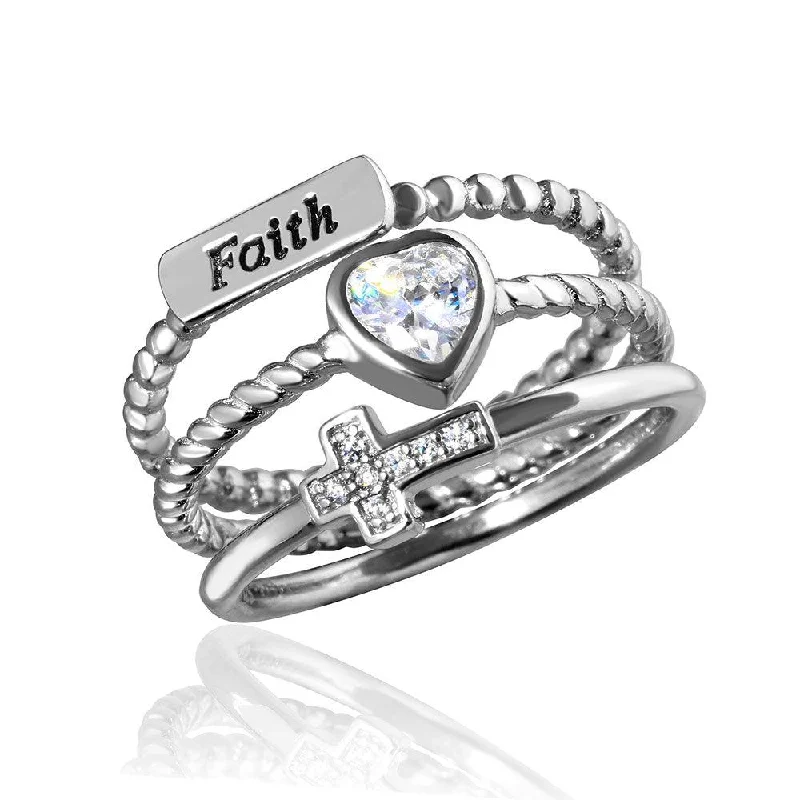 Silver 925 Rhodium Plated Triple Band Faith Heart Cross Ring with CZ - STR01059