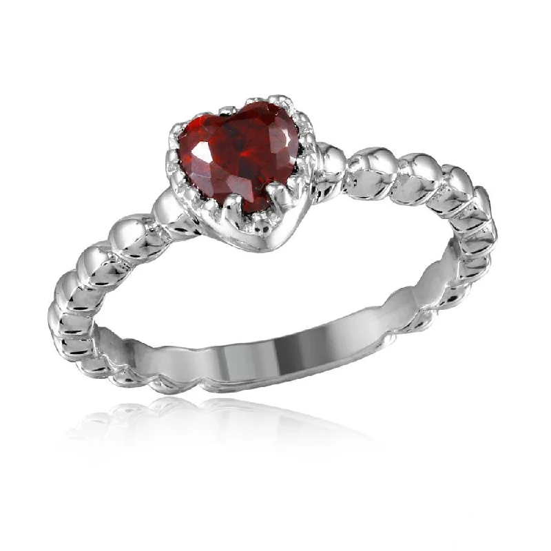 Silver 925 Rhodium Plated Beaded Band Red Heart Center Stone Ring - BGR01052RED