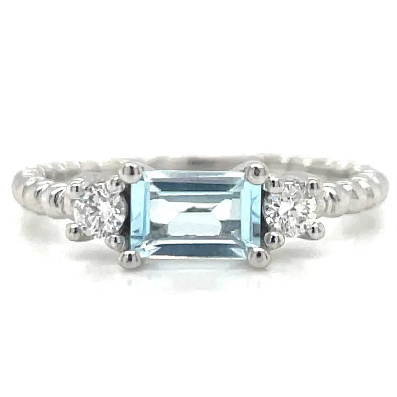 9ct White Gold Earth Grown Horizontal Blue Topaz & Diamond Ring