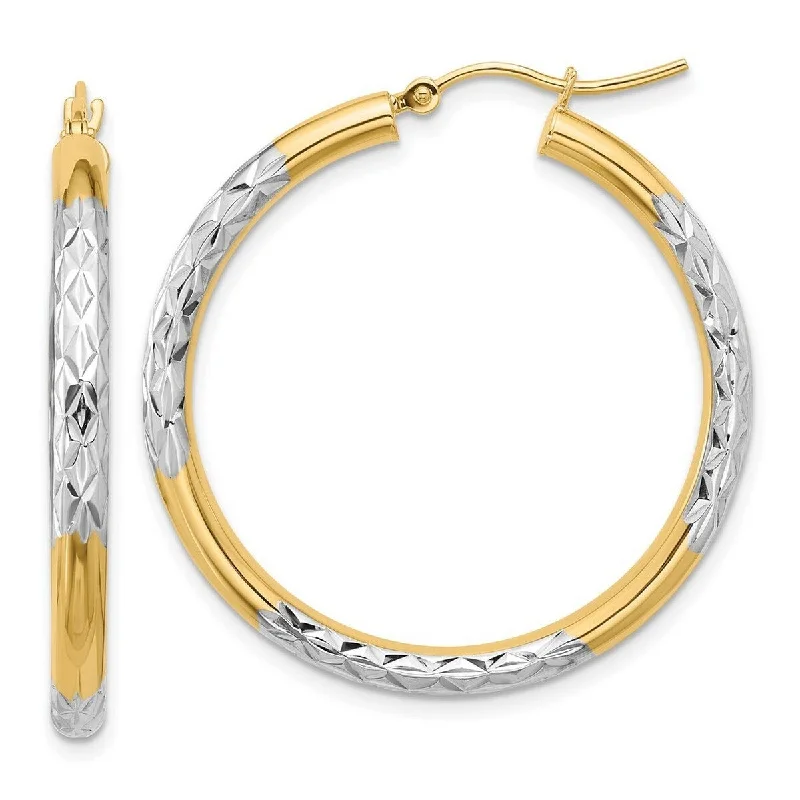 Curata 10k Yellow Gold With Rhodium Sparkle Cut 3x35mm Tube Hoop Earrings