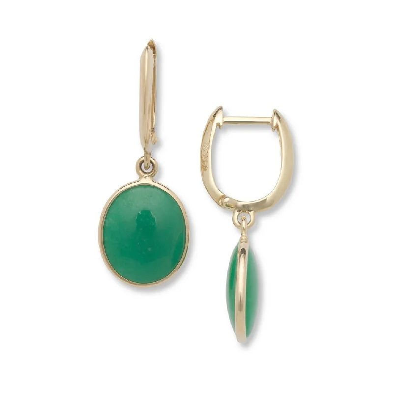 Curata Solid 14k Yellow Gold Cabochon Oval Green Jade Drop Dangle Earrings (10mm x 28mm) - 10mmx28mm