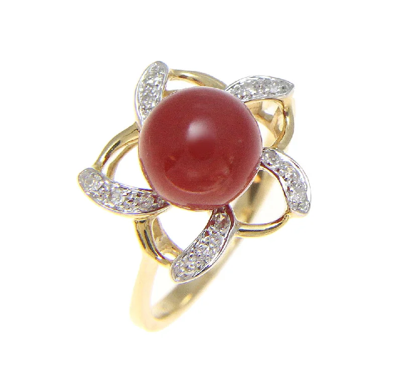 GENUINE NATURAL NOT ENHANCED RED CORAL BALL DIAMOND RING SOLID 14K YELLOW GOLD