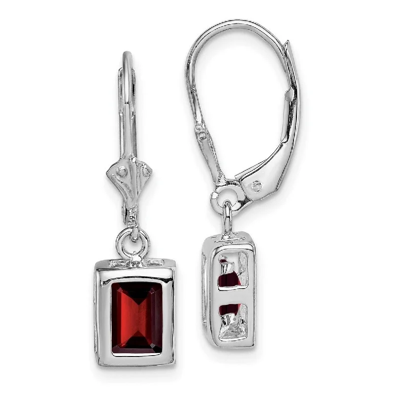 Curata 925 Sterling Silver Bezel 7x5mm Emerald Cut Garnet Leverback Earrings 26x7mm