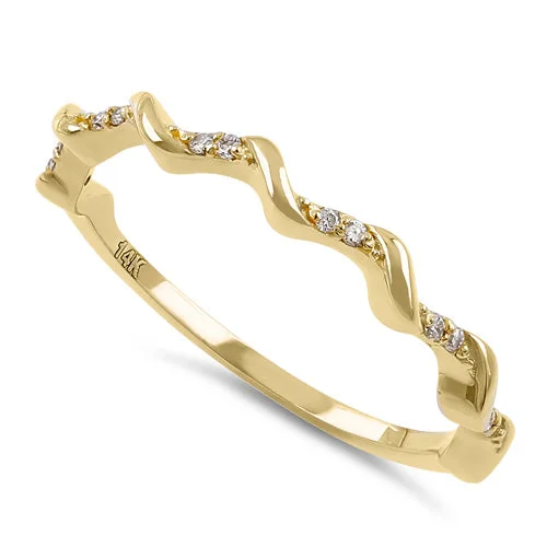 Solid 14K Yellow Gold Half Eternity Stackable Wave Diamond Ring