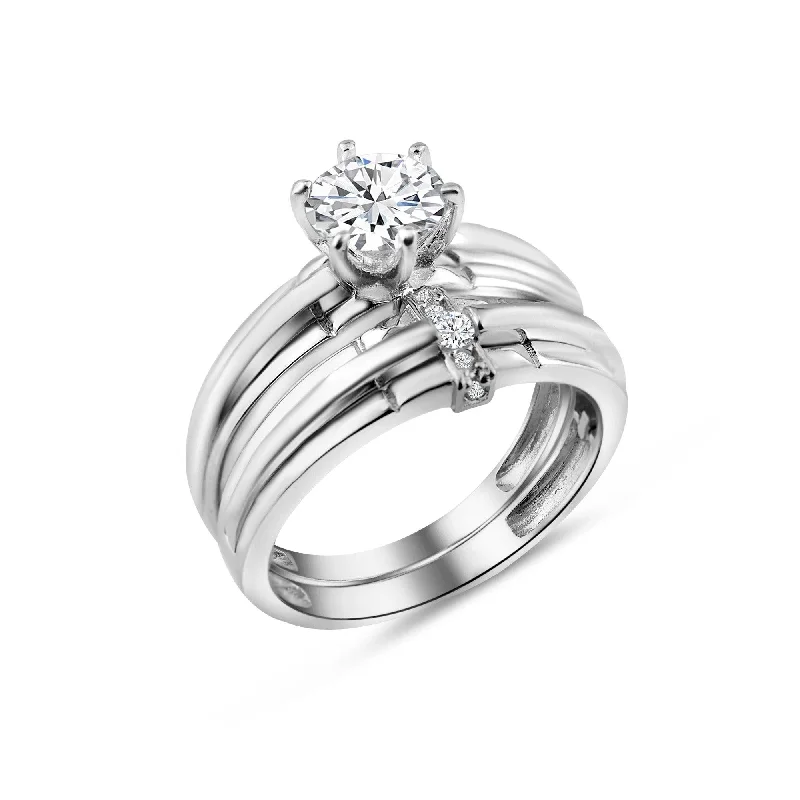 Rhodium Plated 925 Sterling Silver Double Stackable Ring with CZ - GMR00267