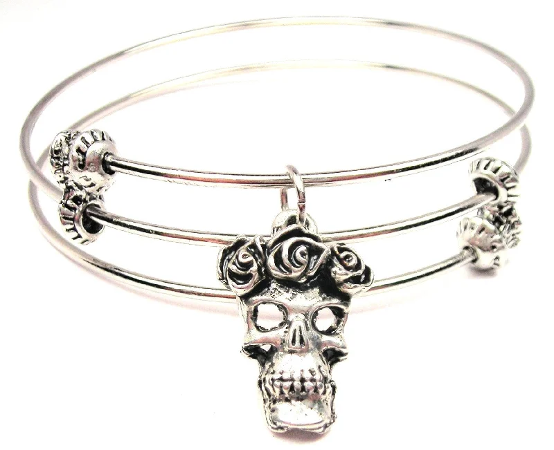 Mexican Style Sugar Skull Triple Style Expandable Bangle Bracelet