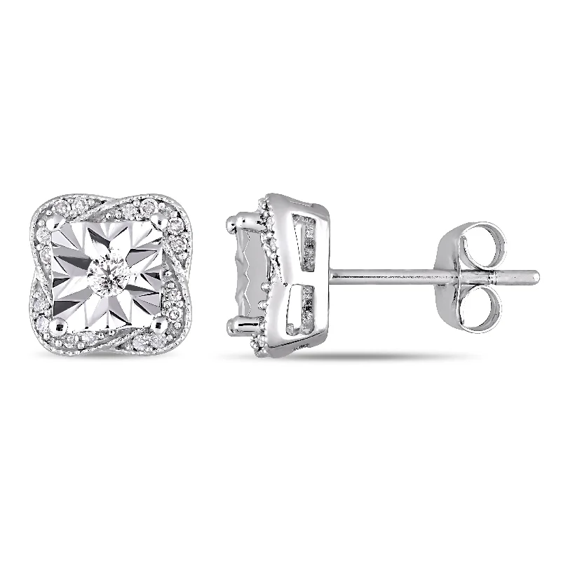 Miadora 10k White Gold 1/6ct TDW Diamond Twisted Square Halo Stud Earrings