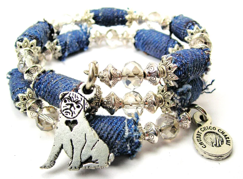 Sitting Pug Blue Jean Beaded Wrap Bracelet