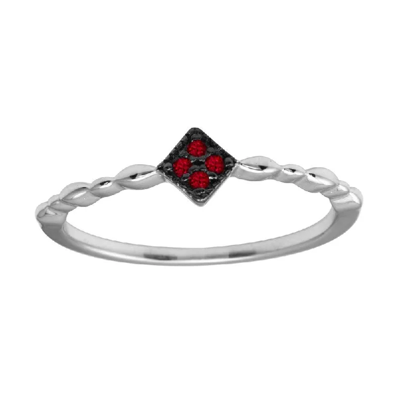 Rhodium Plated 925 Sterling Silver Diamond Shape 4 Red CZ Ring - BGR01226RED