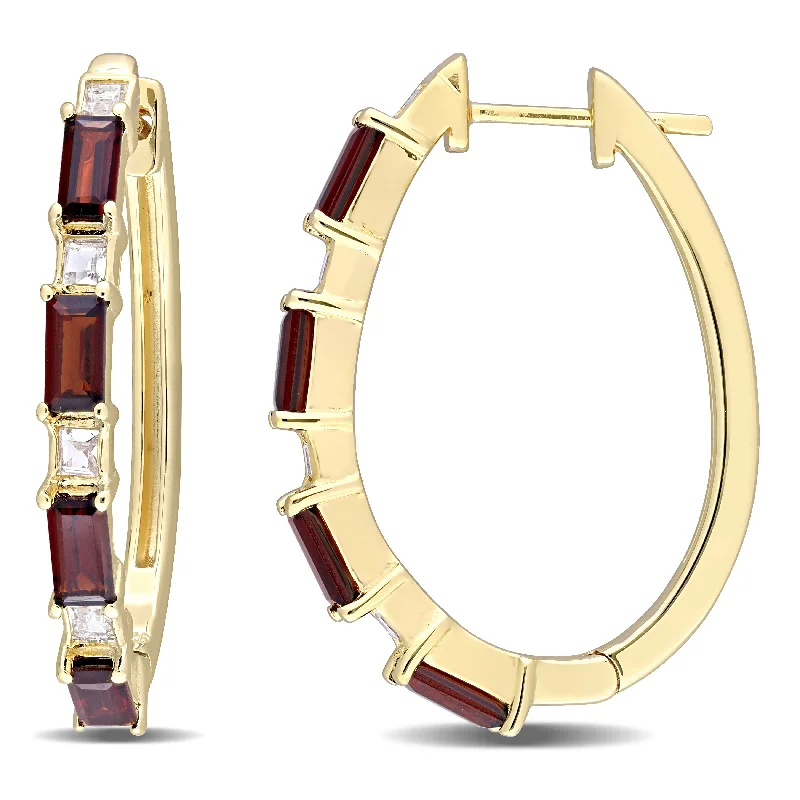 Miadora Yellow Plated Sterling Silver Garnet and White Topaz Oval Hoop Earrings