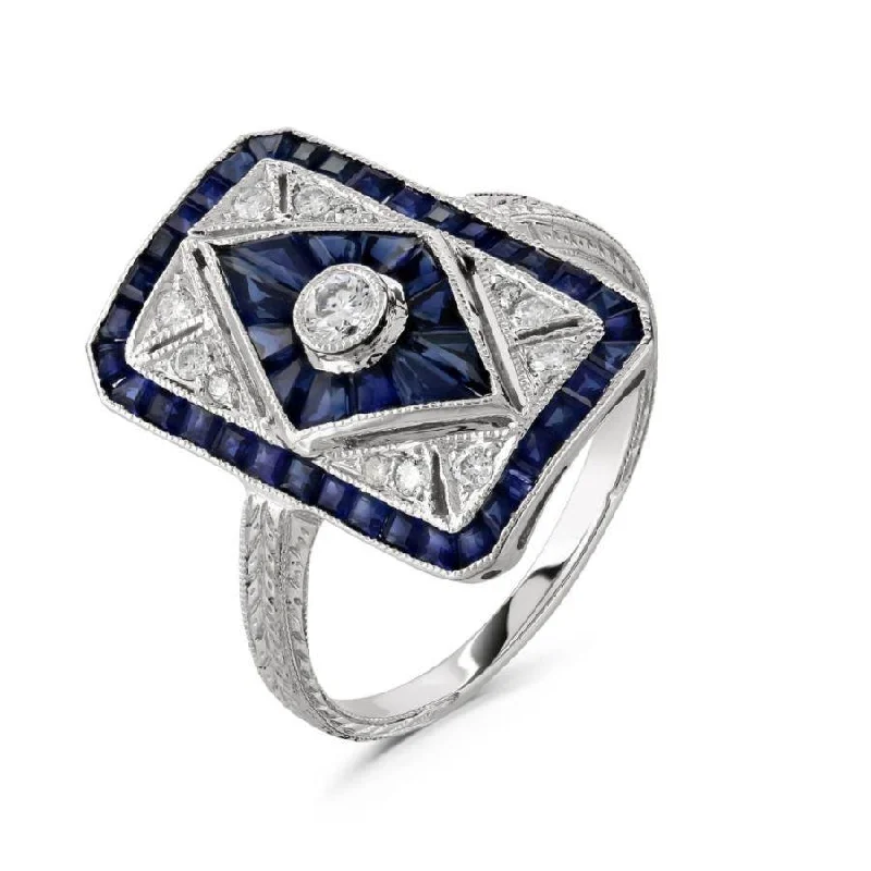 18ct White Gold Art Deco Style Sapphire & Diamond Ring