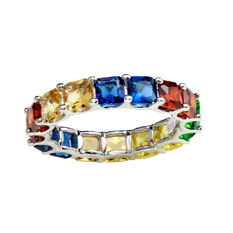 Rhodium Plated 925 Sterling Silver Multi-Colored Square CZ Stone Ring - GMR00270RBC