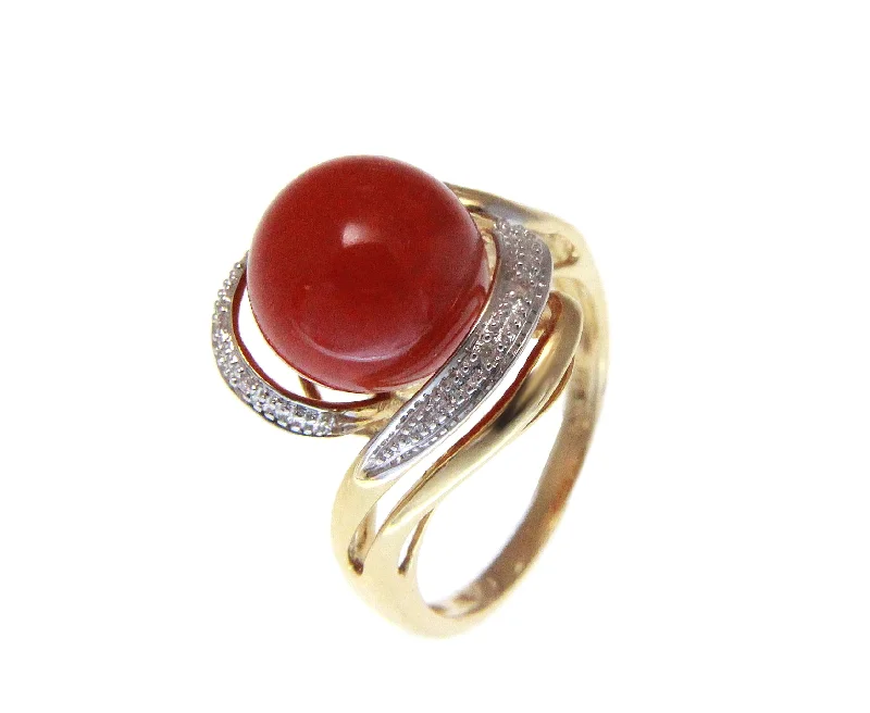 GENUINE NATURAL 10.35MM RED CORAL BALL DIAMOND RING SOLID 14K YELLOW GOLD