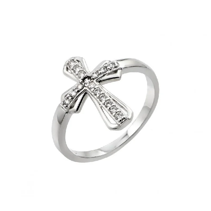 Silver 925 Rhodium Plated Clear CZ Cross Ring - BGR00848