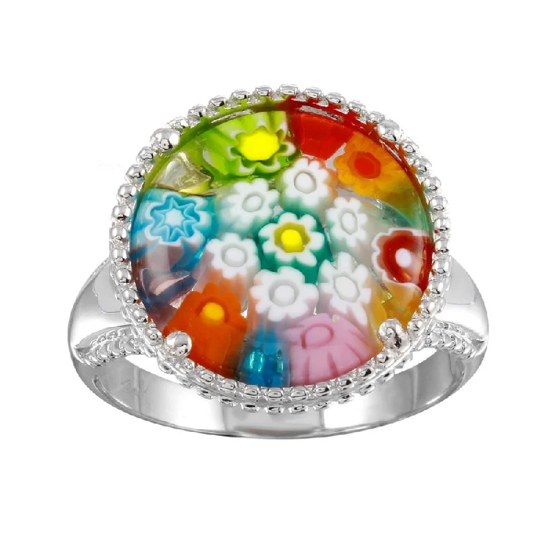 Rhodium Plated 925 Sterling Silver Murano Glass Beaded Design Ring - MR00002