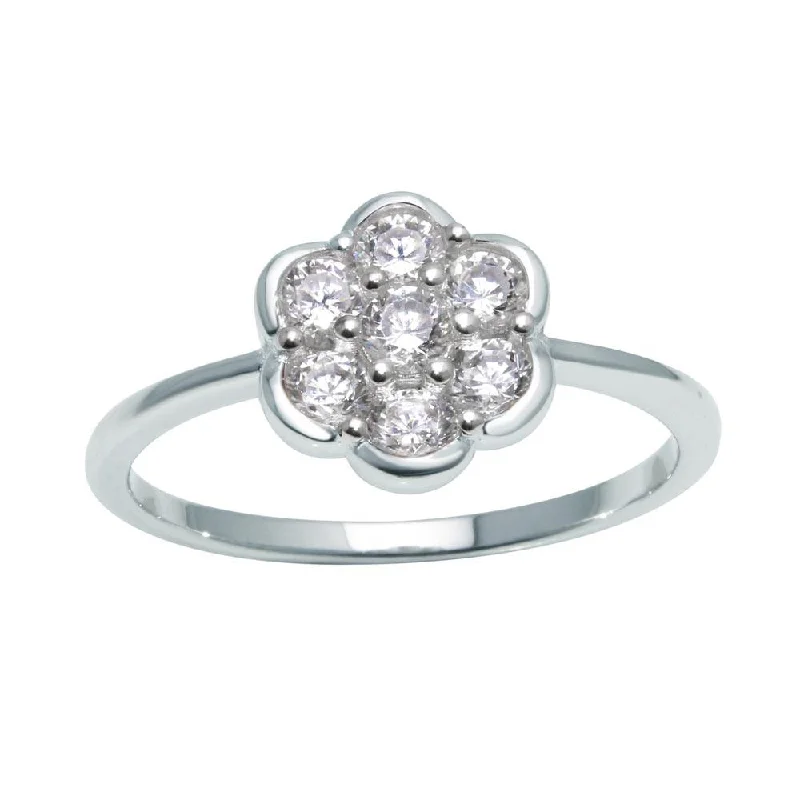 Rhodium Plated 925 Sterling Silver Flower Ring with Clear CZ - BGR01152CLR