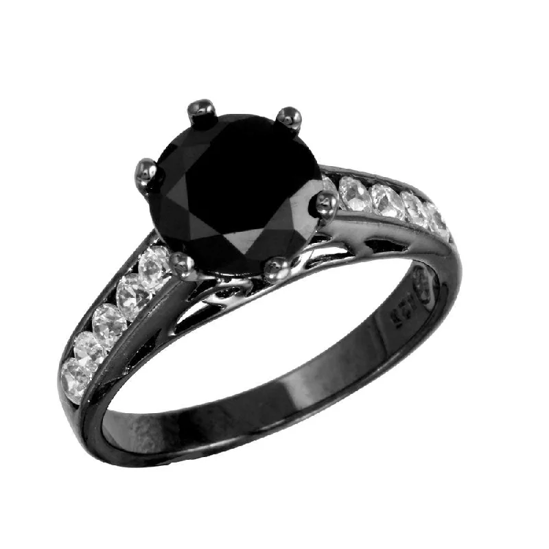 Black Rhodium Plated 925 Sterling Silver  CZ Shank Black CZ Center Stone Ring - STR00758BLK