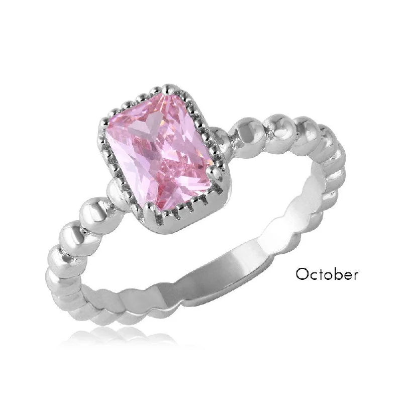 October Sterling Silver 925 Rhodium Plated Beaded Shank Square Center Birthstone Ring - BGR01081OCT