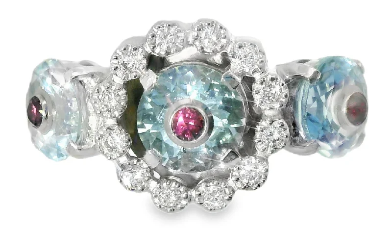 Fabulous Estate 18K White Gold Aquamarine Pink Tourmaline Diamond Ring Band