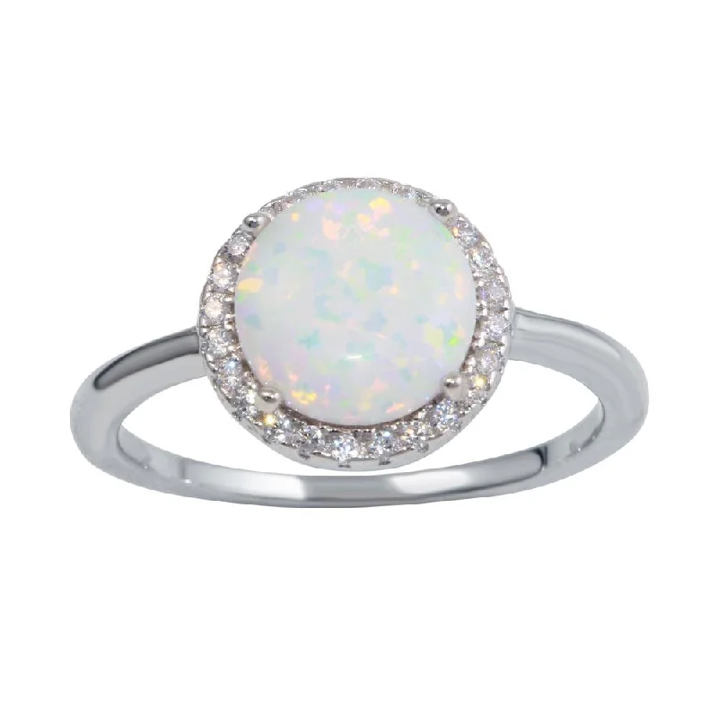 Rhodium Plated 925 Sterling Silver Round Opal Stone Ring with CZ - BGR01242