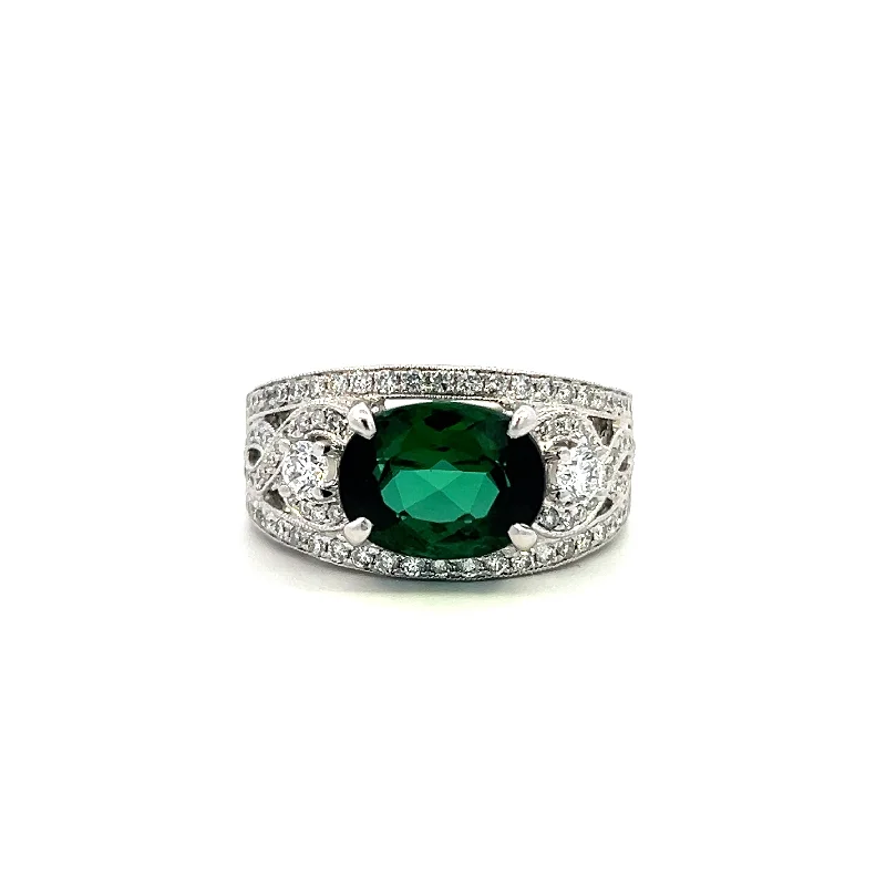 Estate 14K White Gold 3.50ctw Oval Green Tourmaline & Diamond Ring