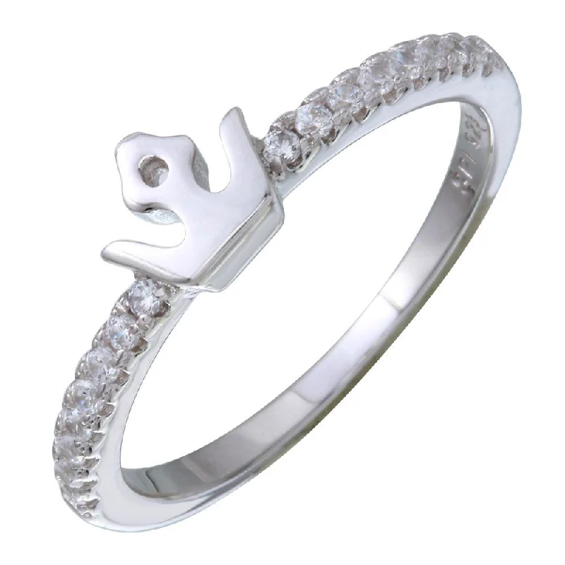 Rhodium Plated 925 Sterling Silver Mini Crown Ring with CZ - STR01089