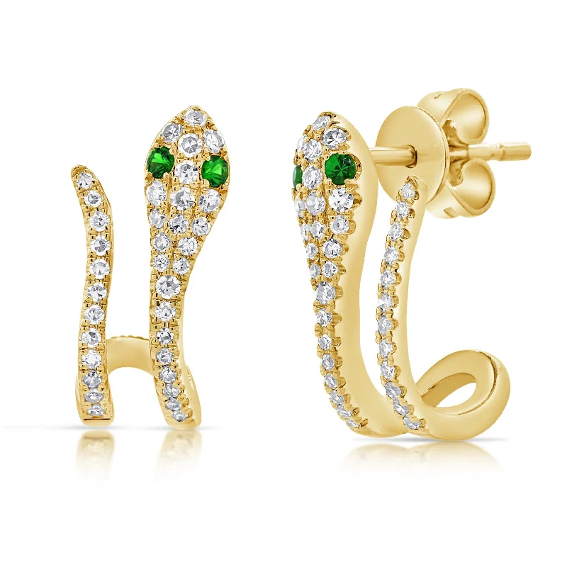 Joelle Snake Diamond & Tsavorite Earrings 14K Yellow Gold