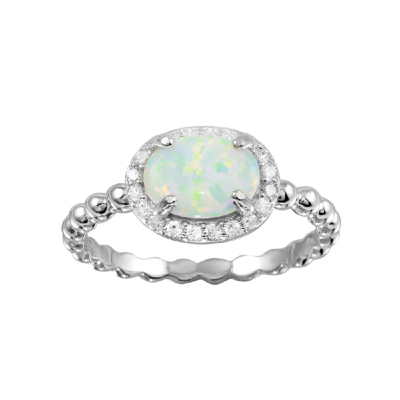 Rhodium Plated 925 Sterling Silver Oval Halo Opal CZ Beaded Design Band Ring - BGR01272