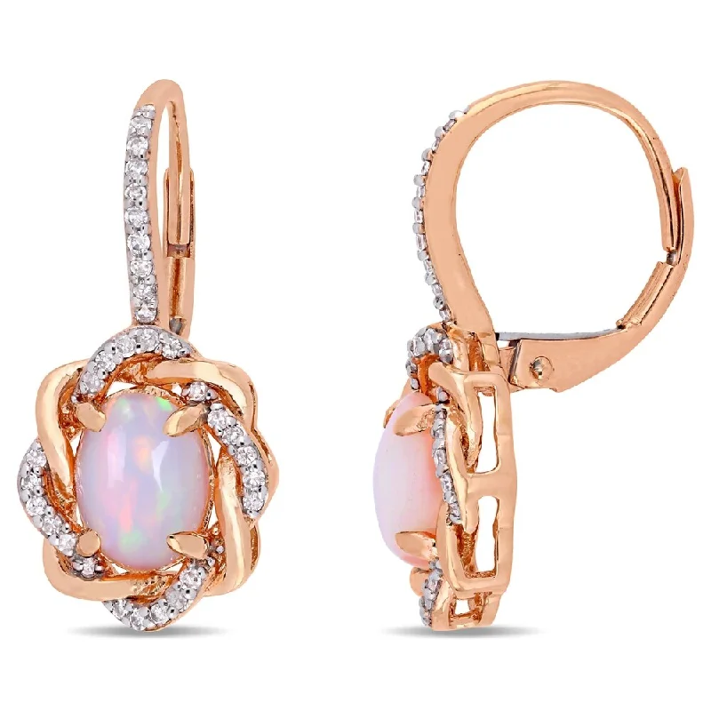 Miadora 10k Rose Gold Blue Ethiopian Opal 1/4ct TDW Diamond Halo Earrings