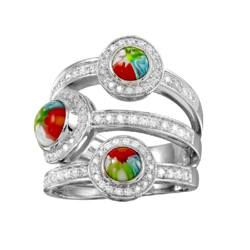 Rhodium Plated 925 Sterling Silver 3 Row 3 Round Murano Glass CZ Ring - MR00003