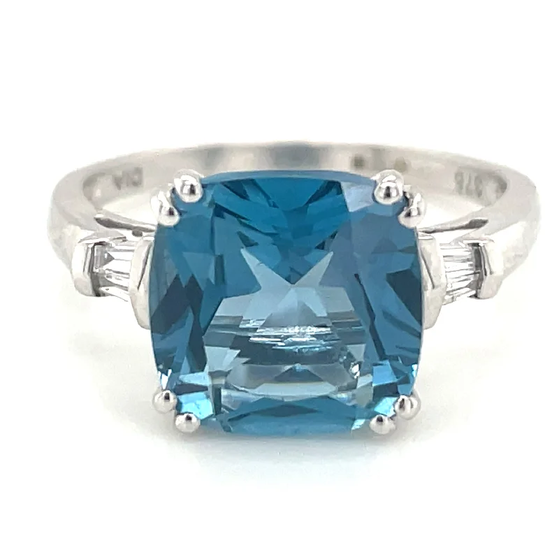 9ct White Gold Cushion Cut Blue Topaz  and Diamond Ring