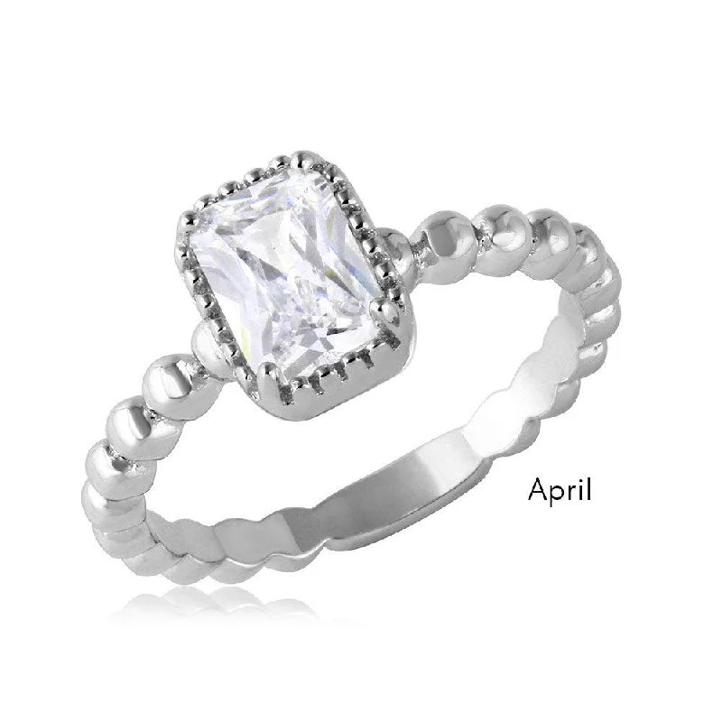 April Sterling Silver 925 Rhodium Plated Beaded Shank Square Center Birthstone Ring - BGR01081APR