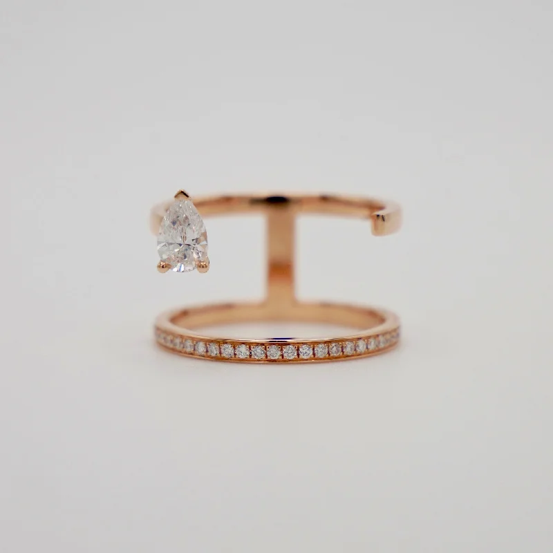 18K Rose Gold Floating Pear Diamond Ring, Minimalist Pave Band