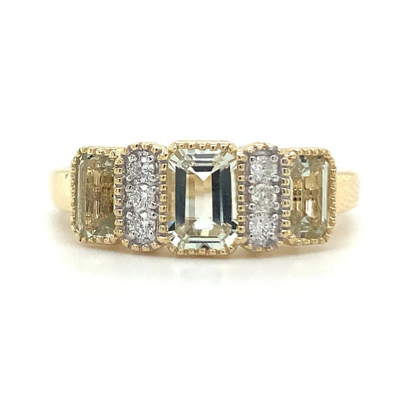 9ct Yellow Gold Earth Grown Emerald Cut 1.20ct Green Amethyst Trio & Diamond Ring