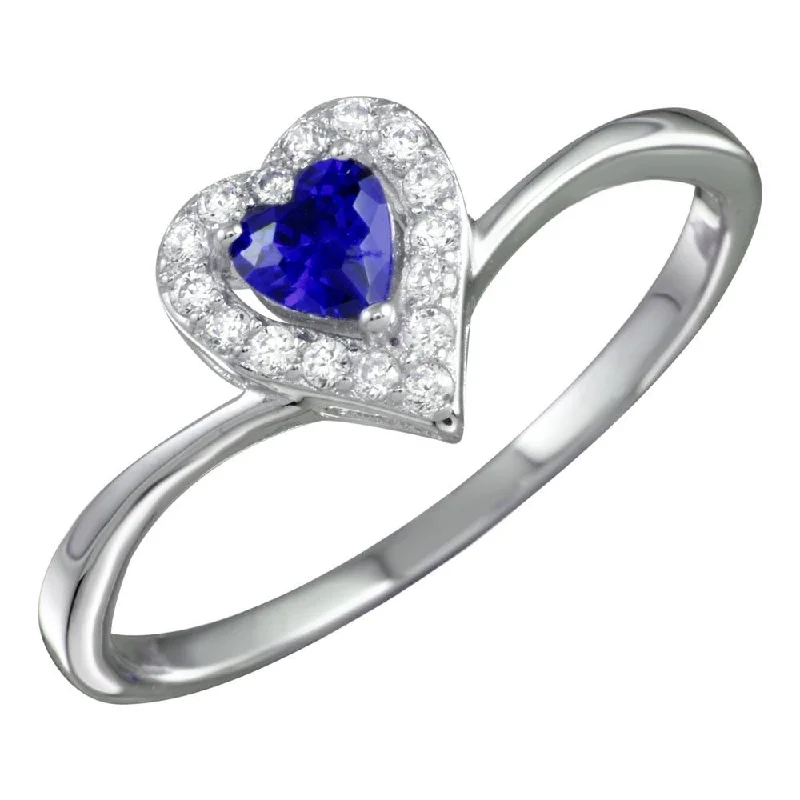 Rhodium Plated 925 Sterling Silver Blue Heart Ring with CZ - BGR01153BLU