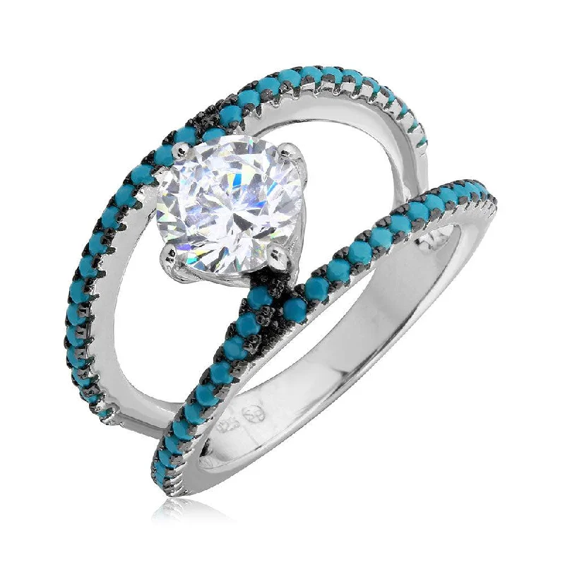 Rhodium Plated 925 Sterling Silver Open Shank Turquoise and CZ Stone Ring - BGR01084