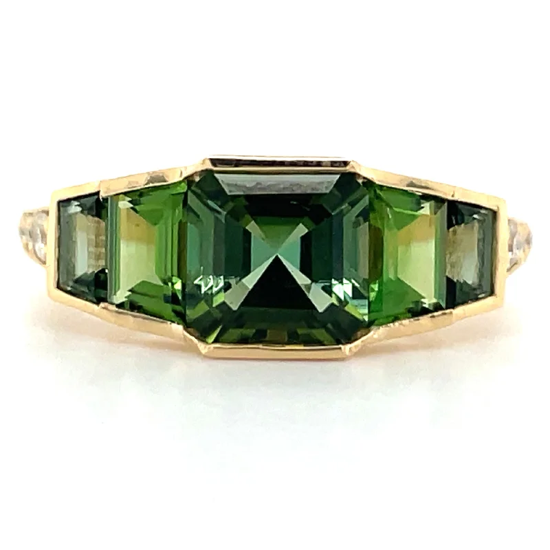 18ct Yellow Gold Earth Grown Tapered Green Tourmaline & Diamond Ring