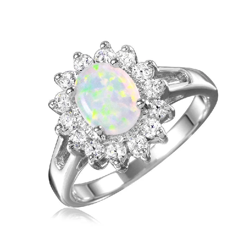 Silver 925 Rhodium Plated Oval Halo Ring with Synthetic Opal Center Stone - BGR01027