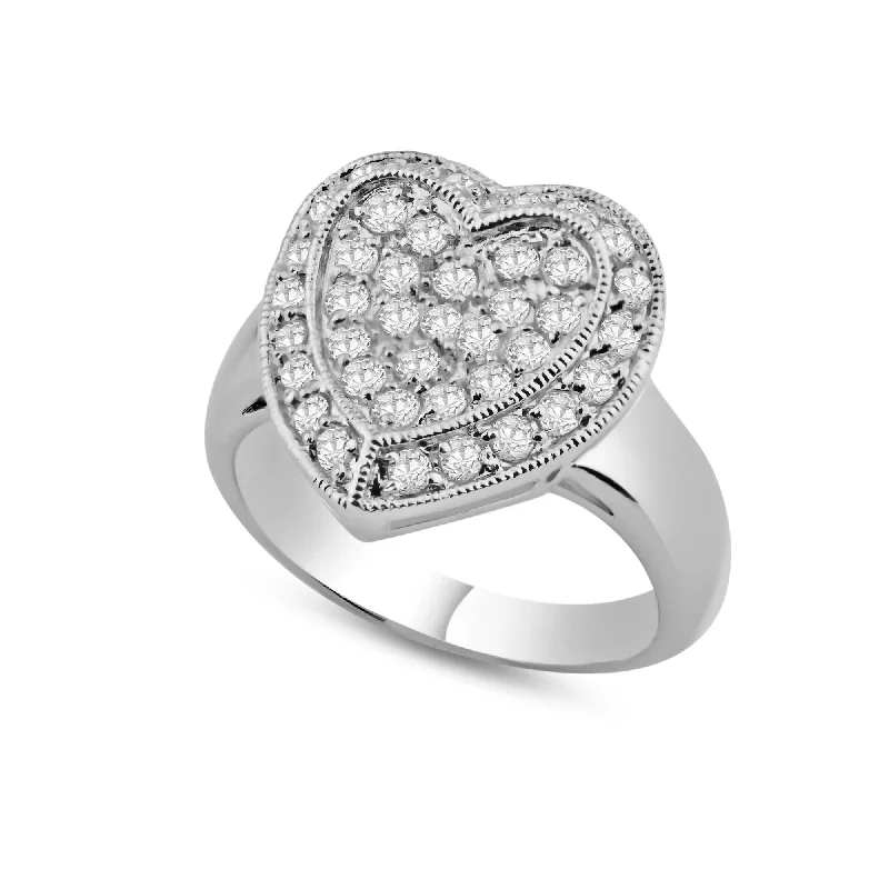 Rhodium Plated 925 Sterling Silver Pave Set Clear CZ Solid Heart Ring - BGR00025