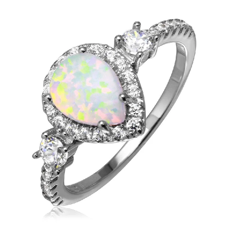 Silver 925 Rhodium Plated Halo Pear Ring with Synthetic Opal and CZ - BGR01047