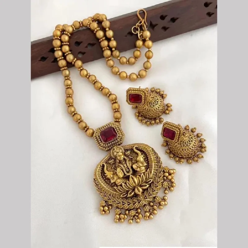 Joyful Jewel Art Matte Gold Plated Pota Stone And Temple Necklace Set