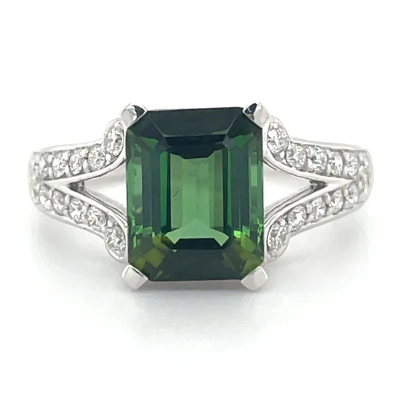 9ct White Gold Earth Grown Green Tourmaline & Diamond Ring