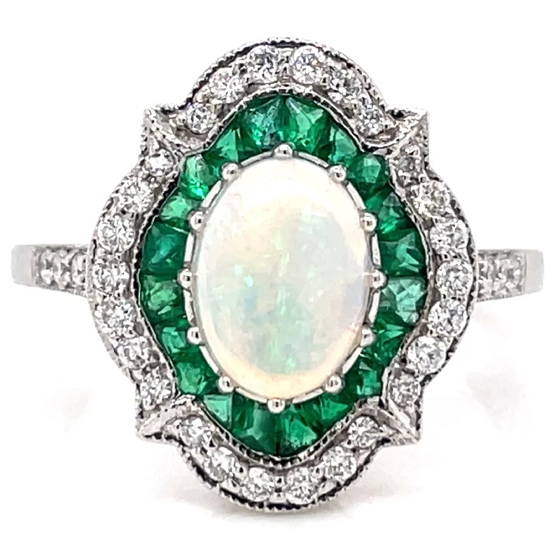 18ct White Gold Earth Grown Opal, Emerald And Diamond Ring