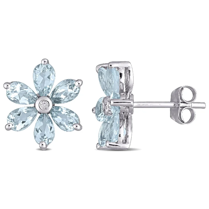 Miadora 14k White Gold Aquamarine and Diamond Accent Floral Stud Earrings