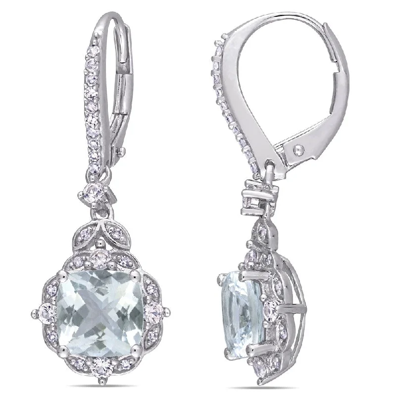 Miadora 14k White Gold Aquamarine White Sapphire and 1/6ct TDW Diamond Vintage Halo Drop Earrings